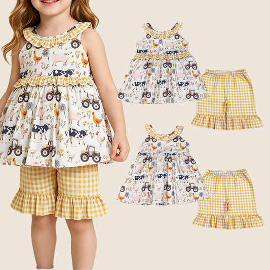 Baby Girls Kids Farm  Animals Flower Ruffle Tunic Plaid Shorts Summer Clothes Set