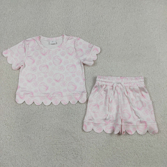Baby Girls Kids Short Sleeves Pink Shirt Scallop Shorts Set Clothes