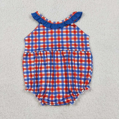 Baby Girls Infant Embroidery Farm Animals Plaid Summer Bubble Romper