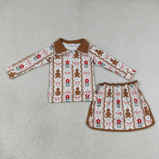 Baby Girls Kids Gingerbread Flower Bows Zipper Shirt Skirt Shorts Christmas Set Clothes