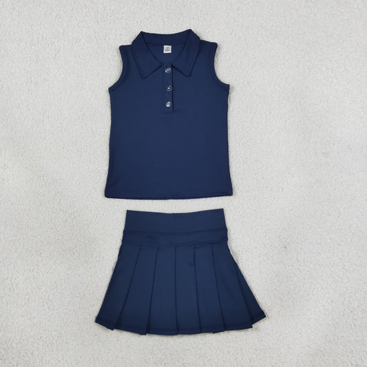 Baby Girl Toddler Sleeveless Buttons Shirt Skort Yoga Active Navy Blue Set