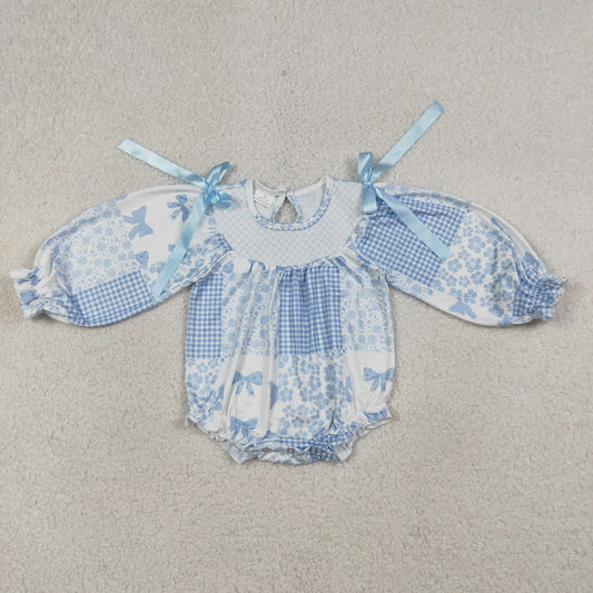 RTS Baby Girls Kids Long Sleeves Embroidery Smocked Blue Bows Flower Bubble Romper