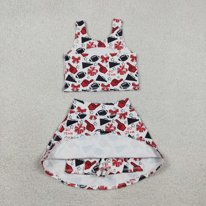 RTS Baby Girls Kids Football Stars Bows Cheer Tops Skort Team Yoga Active Set