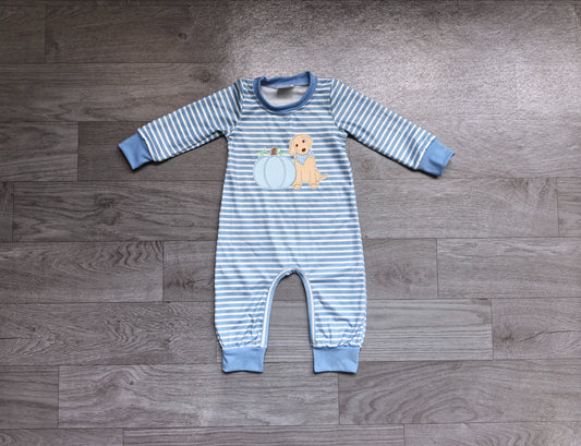 No moq Preorder Baby Boys Kids Embroidery Pumpkins Dog Blue Stripes Fall Romper Clothes