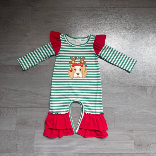 No moq Preorder Baby Girl Kids Embroidery Christmas Dog Green Stripes Romper Clothes