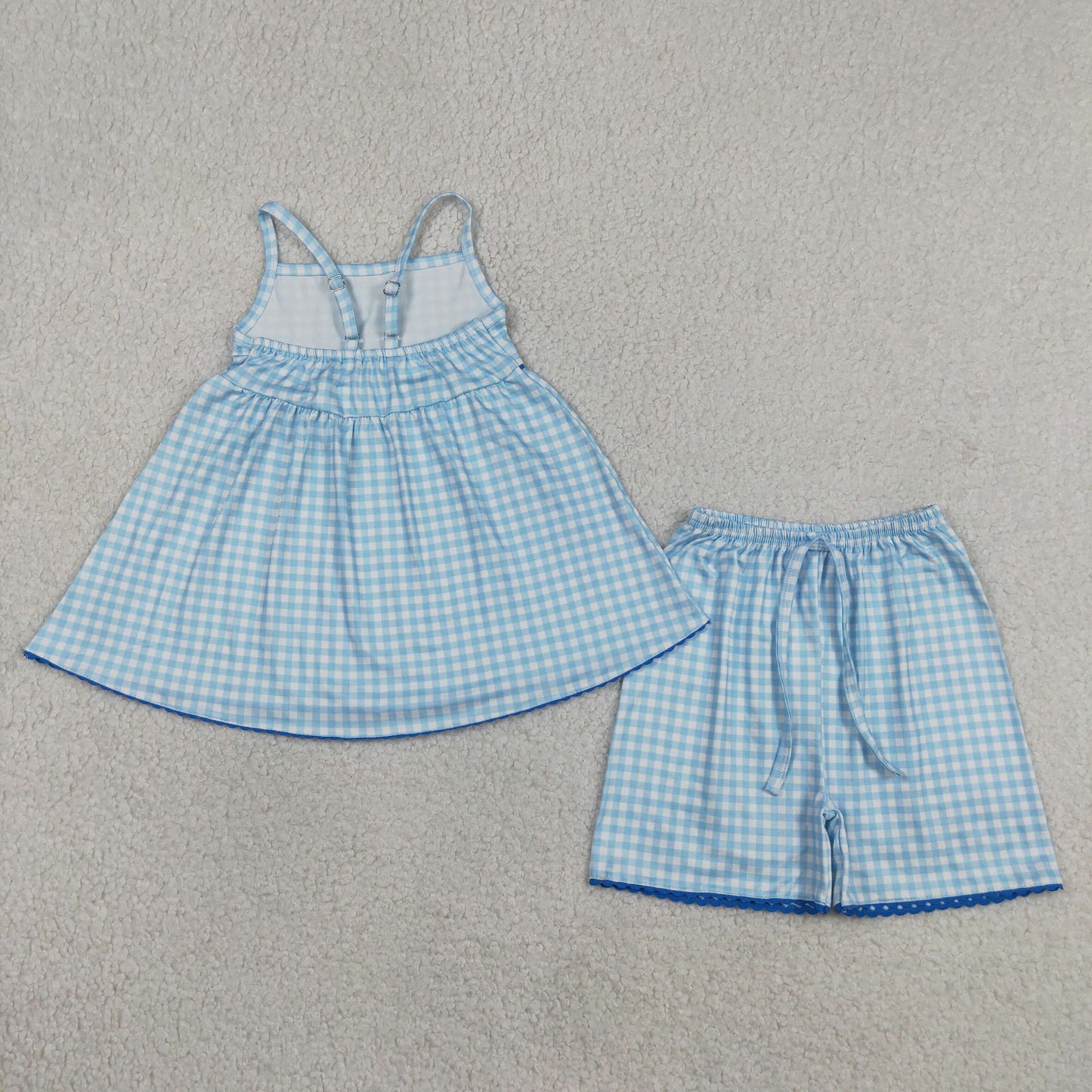 Baby Girls Kids Straps Blue Plaid Tunic Shorts Summer Clothes Set RTS