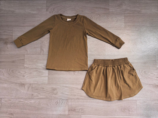 No moq Preorder Baby Girls Kids Long Sleeves Olive Shirt Pockets Skirt Shorts Cotton Set Clothes