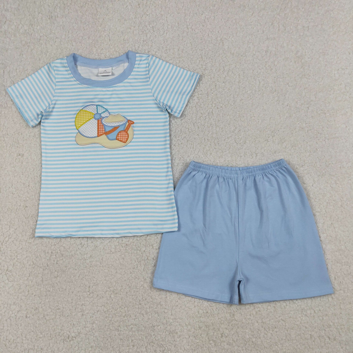 RTS Baby Boys Short Sleeves Embroidery Ball Beach Stripes Shirt Blue Shorts Clothes Set