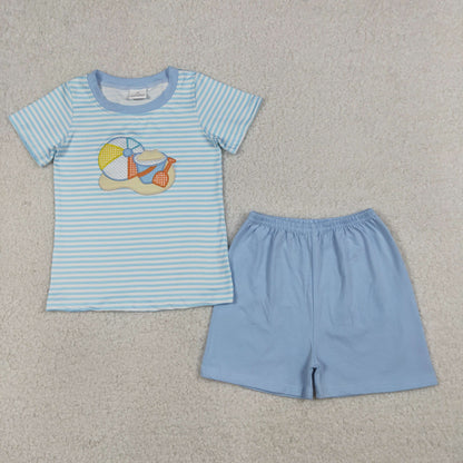 RTS Sibling Baby Boys Girls Short Sleeves Embroidery Ball Beach Stripes Tops Shorts Clothes Sets