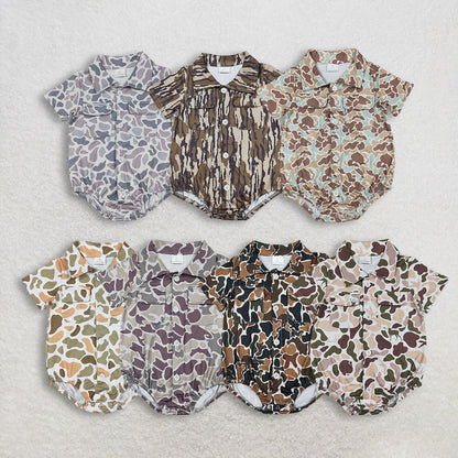 Sibling Baby Boys Infant Short Sleeves Camo Print Pockets Hunting Buttons Bubble Rompers