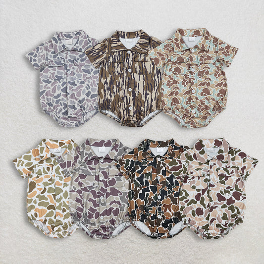 Sibling Baby Boys Infant Short Sleeves Camo Print Pockets Hunting Buttons Bubble Rompers