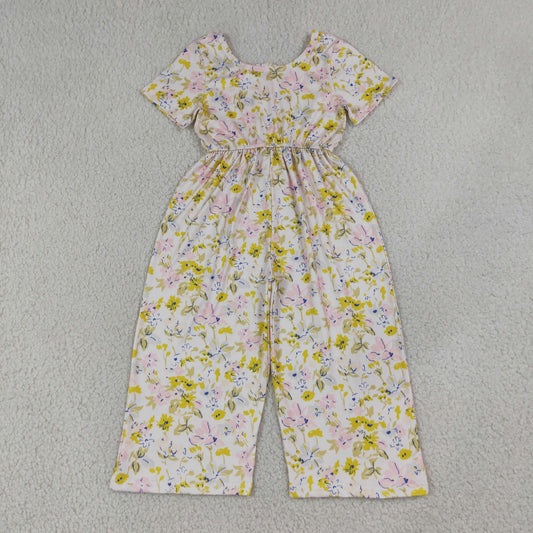 Baby Girls Kids Short Sleeves Flower Pants Jumpsuit Yellow Clothes
