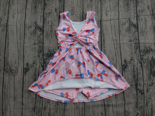 Preorder Baby Girls Toddler Bows Flower 4th of July Pink Yoga Shorts Knee Length Dress