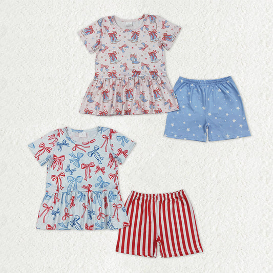 Sibling Baby Girls Short Sleeves Bows Boots Tops Shorts 4th of July Clothes Sets