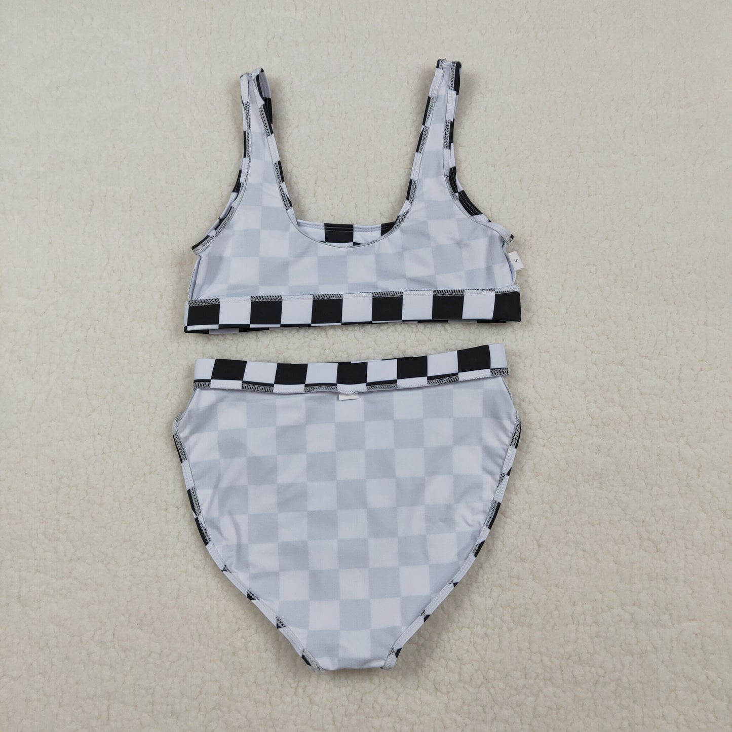RTS Adult Women Sleeveless Black Checked Tops Shorts Swimsuit Set