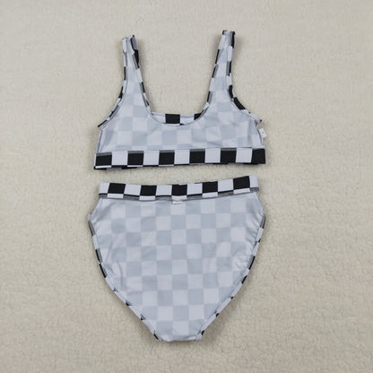 RTS Adult Women Sleeveless Black Checked Tops Shorts Swimsuit Set