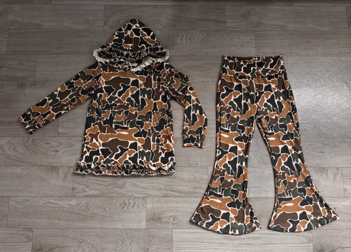 No moq Preorder Baby Girls Long Sleeves Brown Green Camo Hoodie Pullover Bell Pants Clothes Set