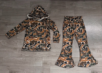 No moq Preorder Baby Girls Long Sleeves Brown Green Camo Hoodie Pullover Bell Pants Clothes Set