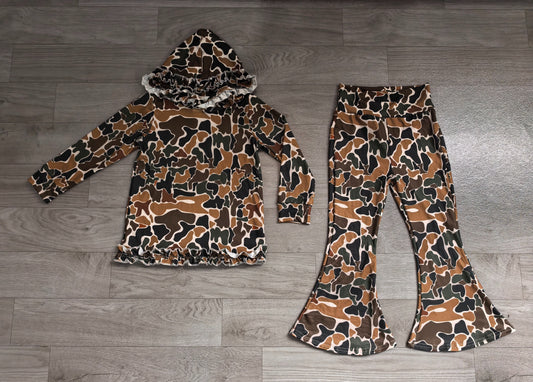 No moq Preorder Baby Girls Long Sleeves Brown Green Camo Hoodie Pullover Bell Pants Clothes Set
