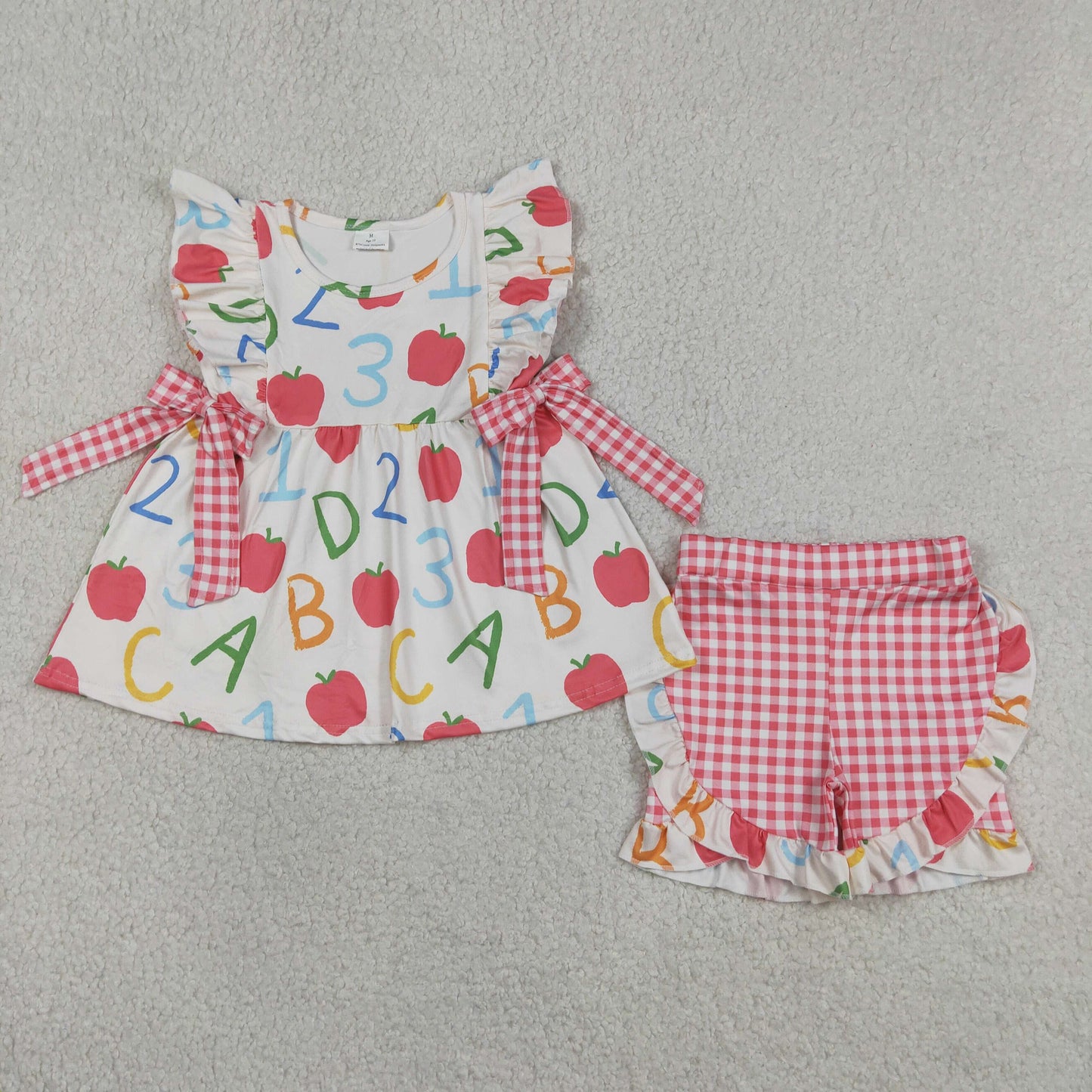 Baby Girls Kids Sleeveless Apple Bows Tunic Plaid Ruffle Shorts Back to School Set
