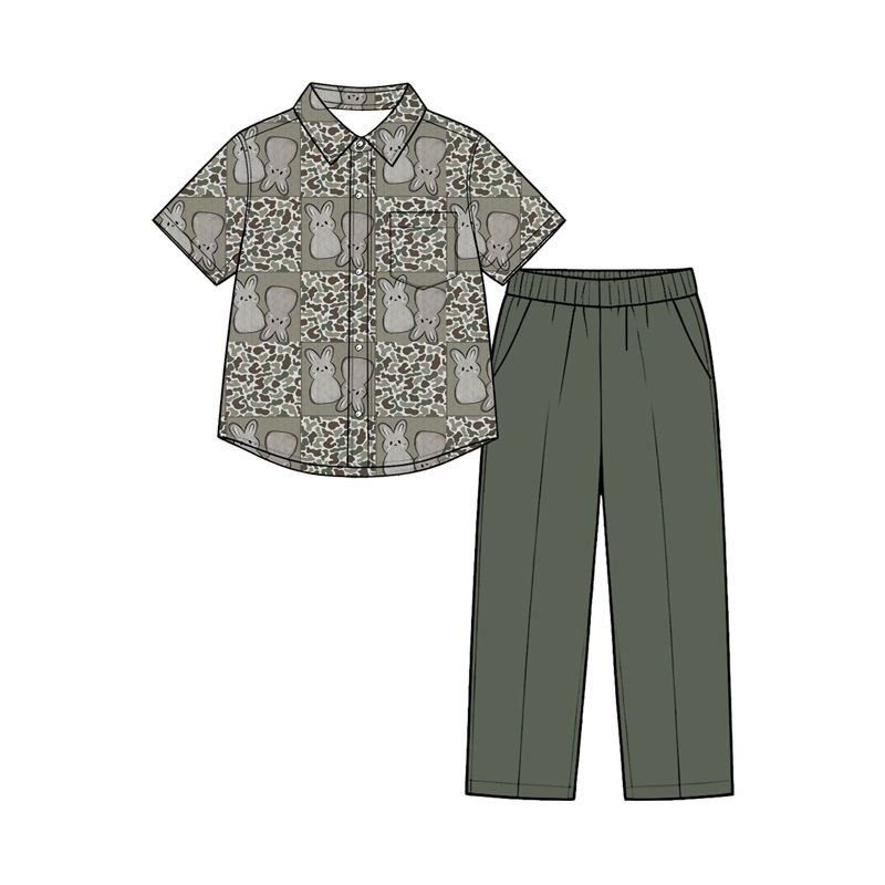 Moq 5 Preorder Baby Boys Kids Rabbits Buttons Camo Shirt Pockets Pants Easter Set Clothes