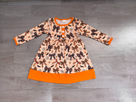 No moq Preorder Baby Girls Kids Bows Candy Corn Plaid Halloween Knee Length Dress