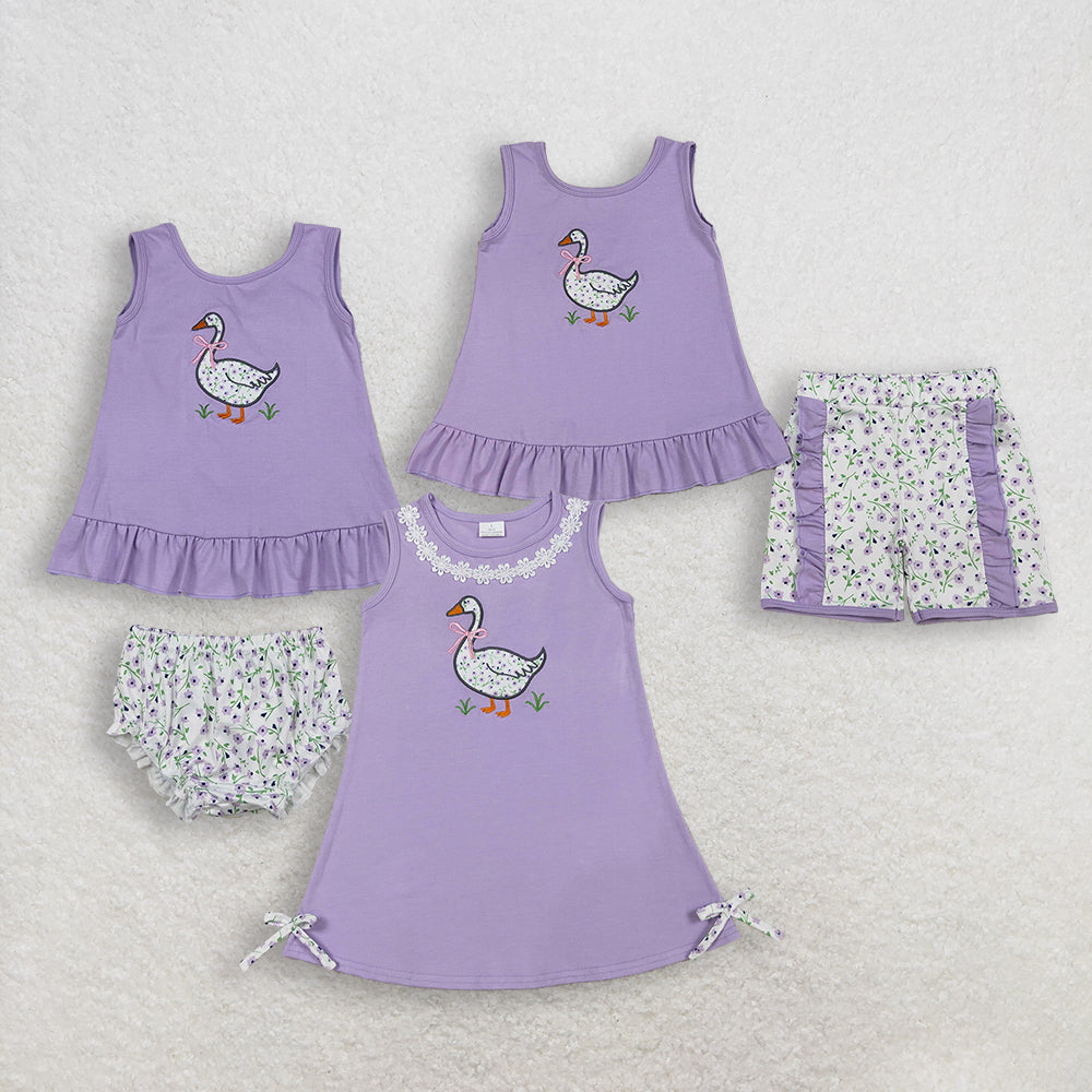 RTS Sibling Baby Girls Sleeveless Embroidery Floral Duck Bows Purple Dress Sets Clothes
