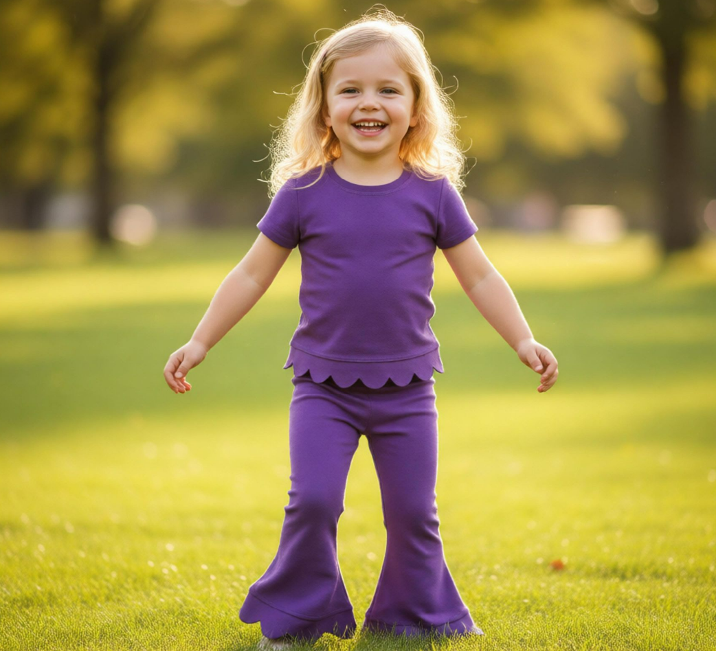 Baby Girls Kids Short Sleeves Purple Shirt Pants Scallop Set Clothes