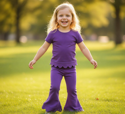 Baby Girls Kids Short Sleeves Purple Shirt Pants Scallop Set Clothes