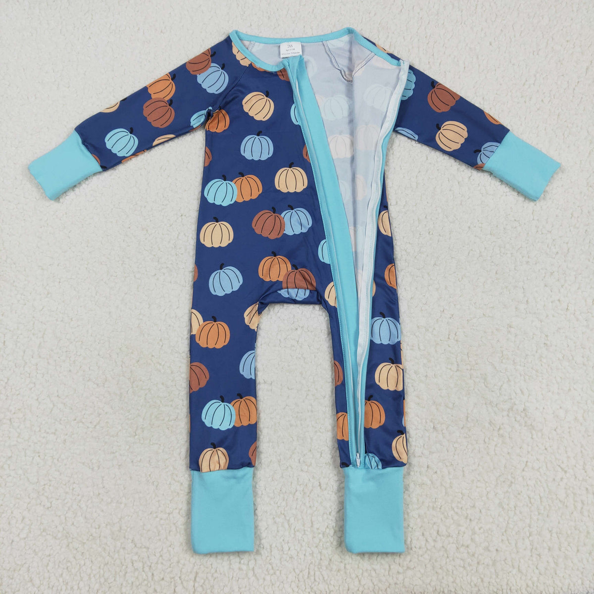 Baby Boy Long Sleeves Pumpkins Blue Zipper Fall Romper Thanksgiving
