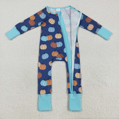 Baby Boy Long Sleeves Pumpkins Blue Zipper Fall Romper Thanksgiving