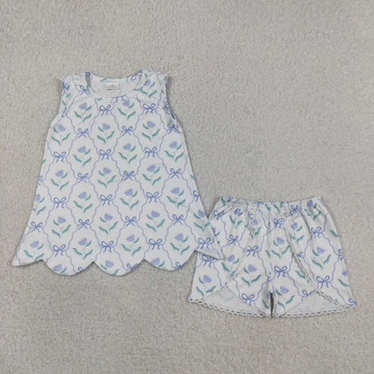 Baby Girls Kids Sleeveless Bows Flower Scallop Tops Shorts Summer Set