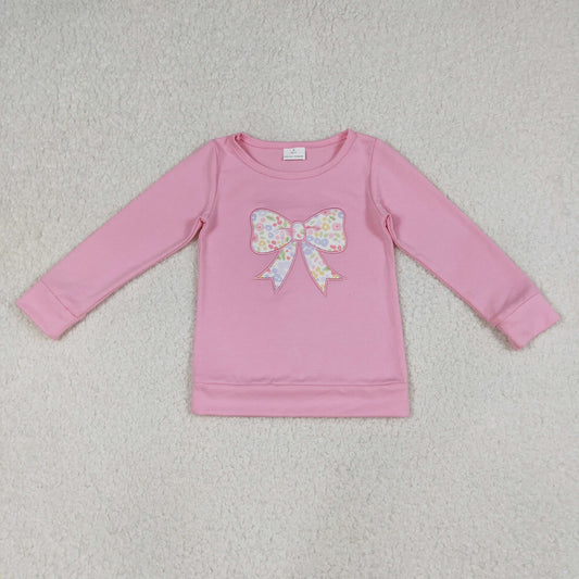 RTS Baby Girls Kids Pink Long Sleeves Embroidery Floral Bows Cotton Shirt Tops