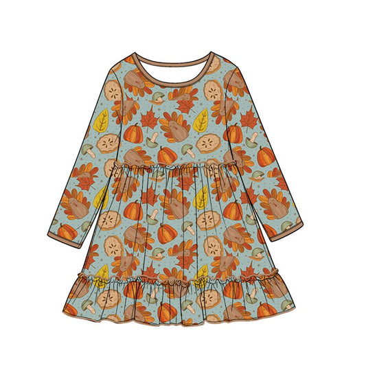 Moq 5 Preorder Baby Girls Kids Long Sleeves Pumpkins turkey Thanksgiving Knee Length  Dress