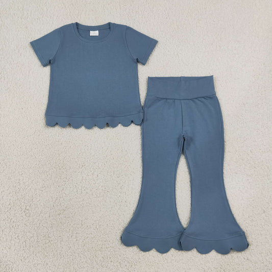 Baby Girls Kids Short Sleeves Blue Shirt Pants Scallop Cotton Set Clothes