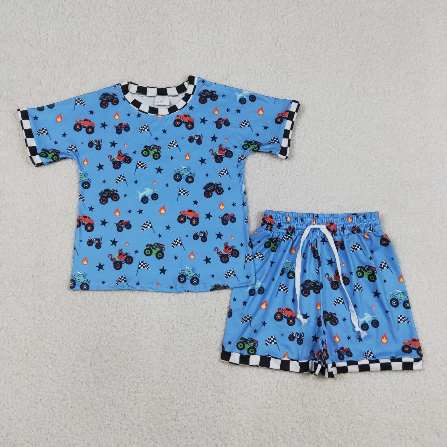 Baby Boys Blue Short Sleeves Trucks Flags Shirt Shorts Clothes Set