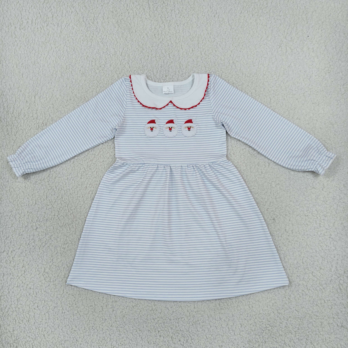 Baby Girls Kids Long Sleeves Embroidery Santa Christmas Blue Stripes Dress Clothes