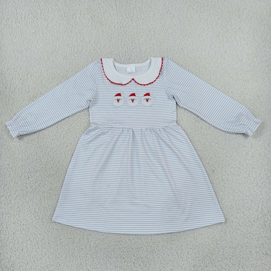 Baby Girls Kids Long Sleeves Embroidery Santa Christmas Blue Stripes Dress Clothes