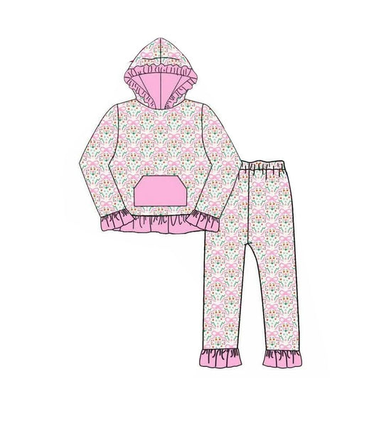 Moq 5 Preorder Baby Girls Kids Long Sleeves Pocket Hoodie Pullover Bows Pants Set Clothes