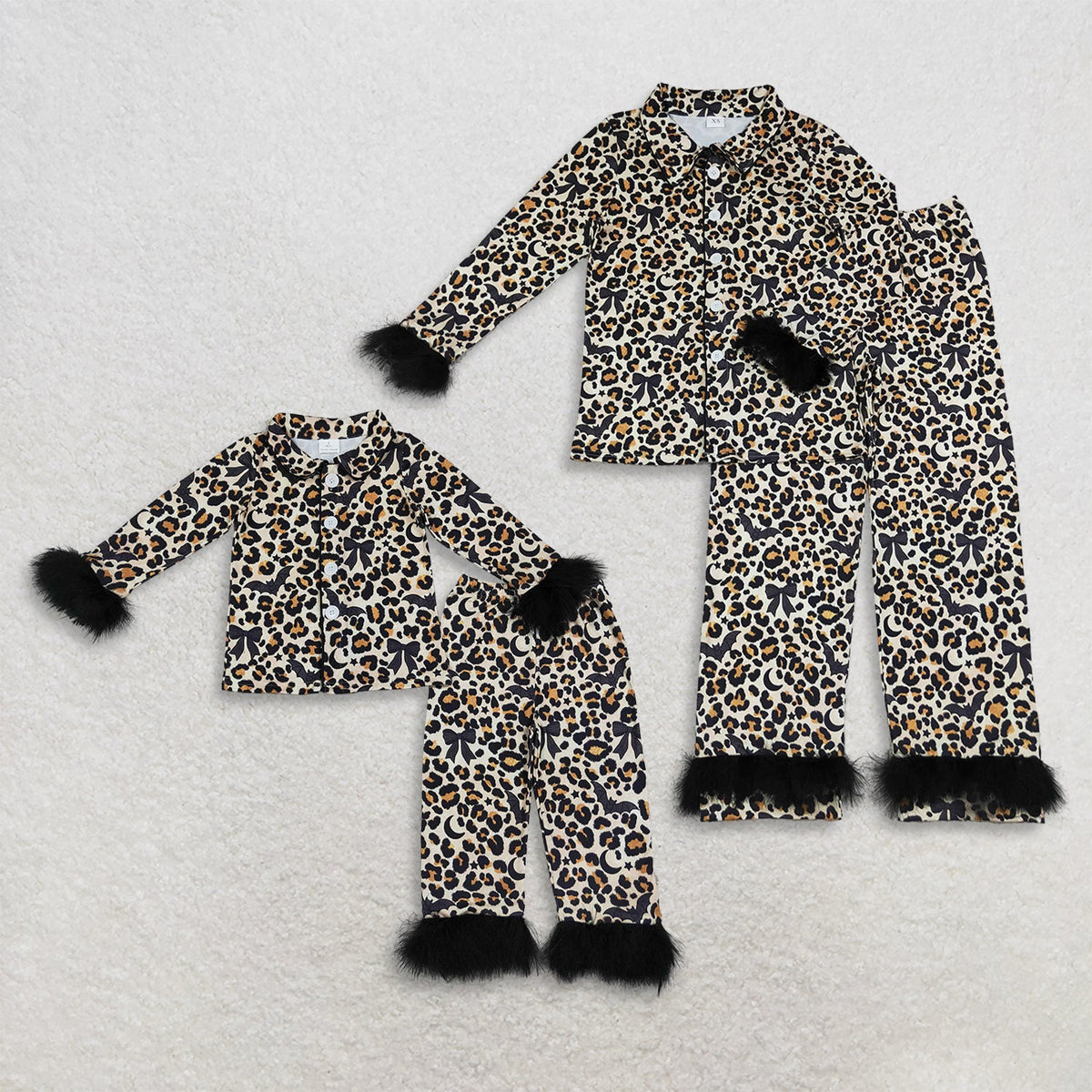 Sibling Baby Girls Adult Women Bats Bows Leopard Buttons Shirts Pants Halloween Fur Pajamas Sets