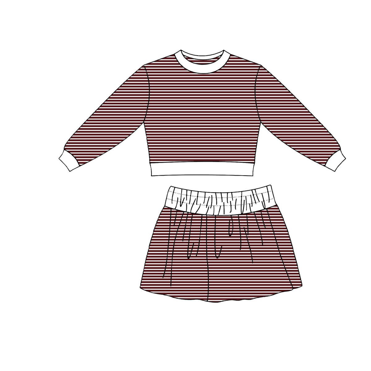 Moq 5 Preorder Baby Girls Kids Long Sleeves Shirt Skirt Shorts Wine Red Stripes Set Yoga Clothes
