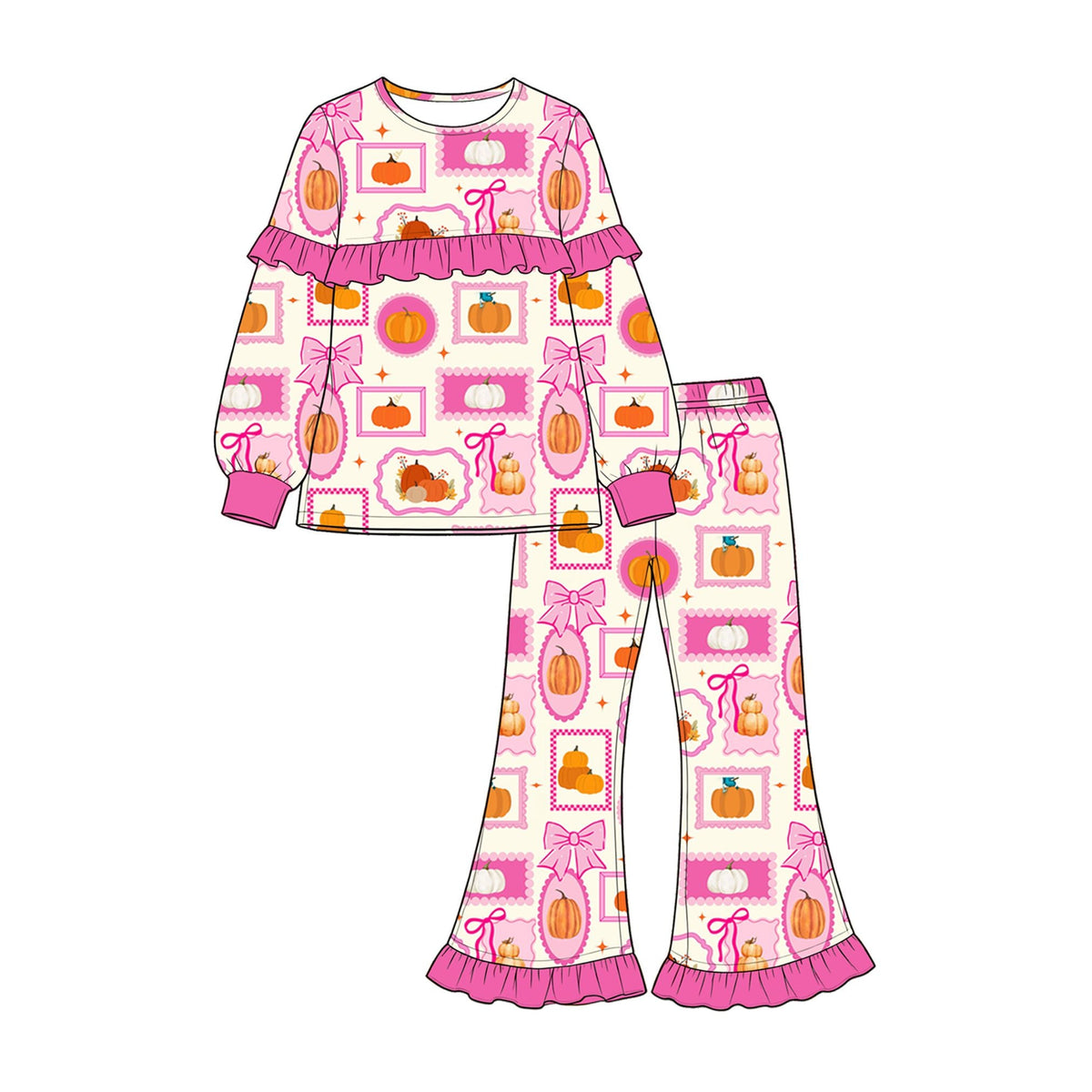 Moq 5 Preorder Baby Girls Kids Pumpkins Bows Tops Pink Ruffle Pants Set Fall Clothes