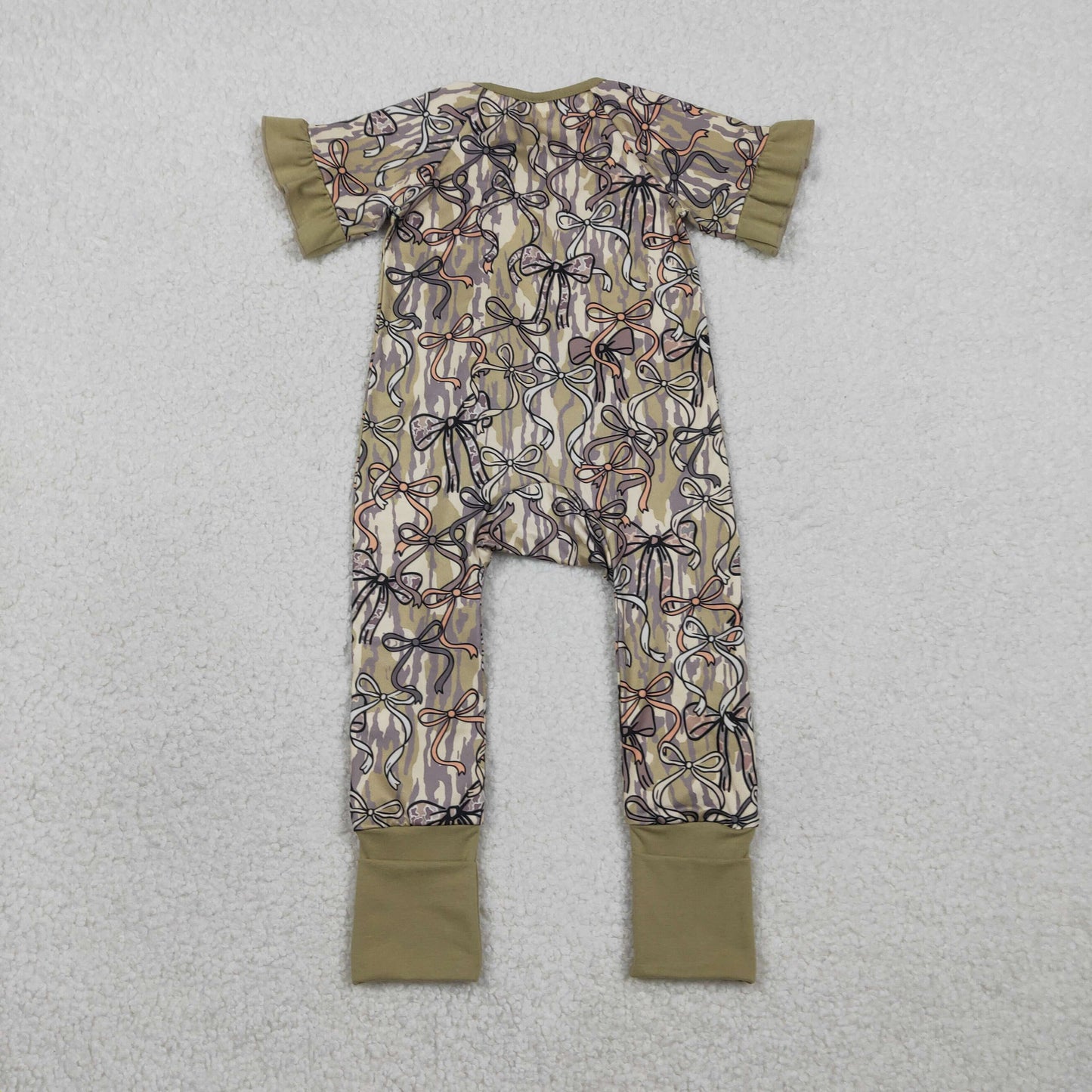 RTS Baby Girls Kids Short Sleeves Camo Bows Zipper Sleeper Footie Romper