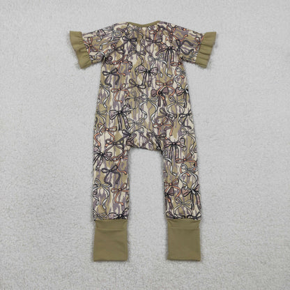 RTS Baby Girls Kids Short Sleeves Camo Bows Zipper Sleeper Footie Romper