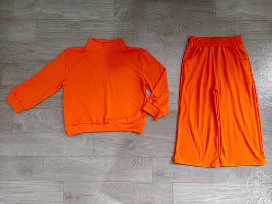 No moq Preorder Baby Girl Kids Long Sleeves Orange Shirt Pockets Pants Cotton Set Clothes