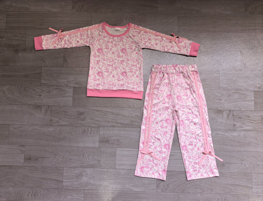 No moq Preorder Baby Girls Kids Flower Pink Bows Shirt Pockets Pants Set Clothes