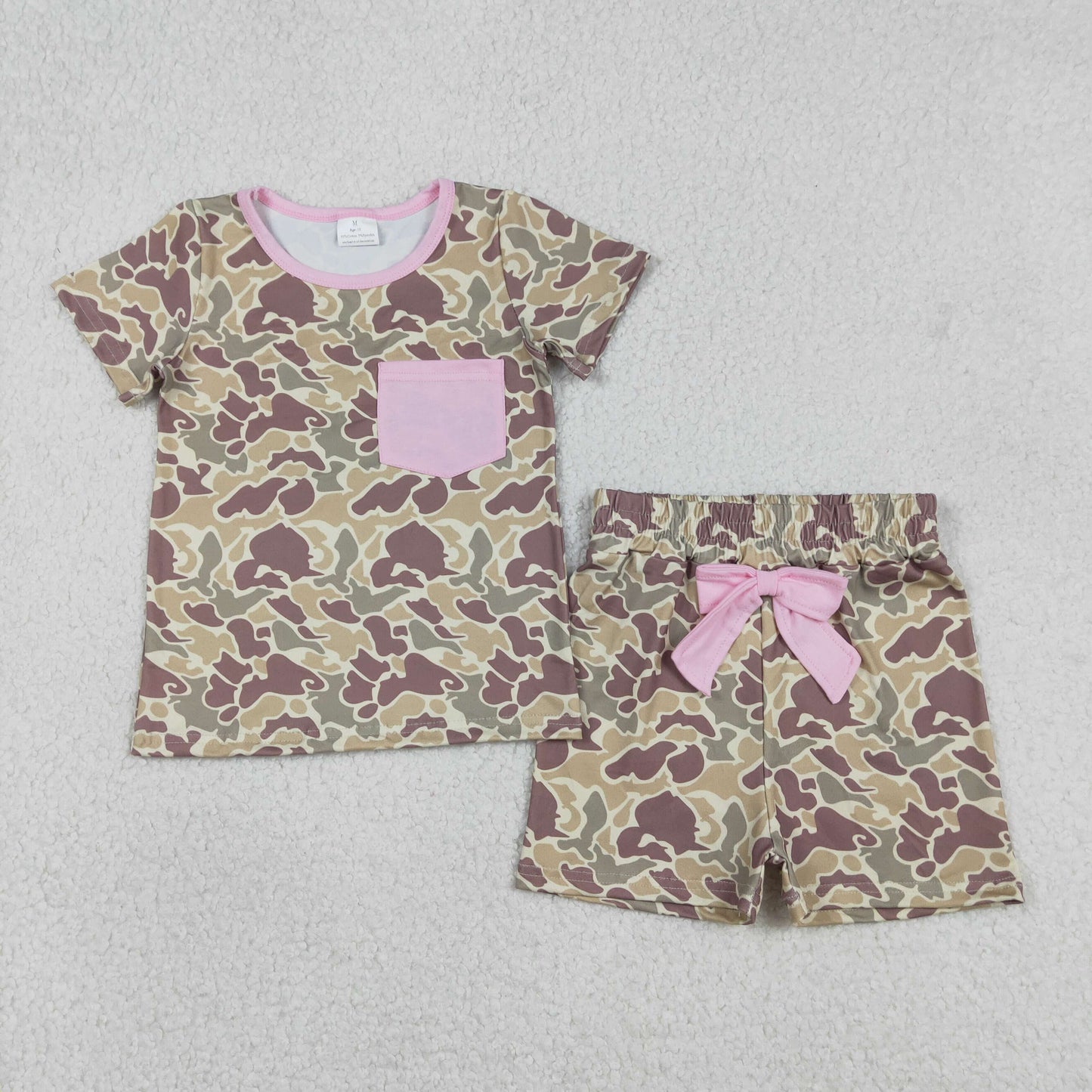 Baby Girls Kids Short Sleeves Camo Pocket Shirt Pink Bow Shorts Clothes Set