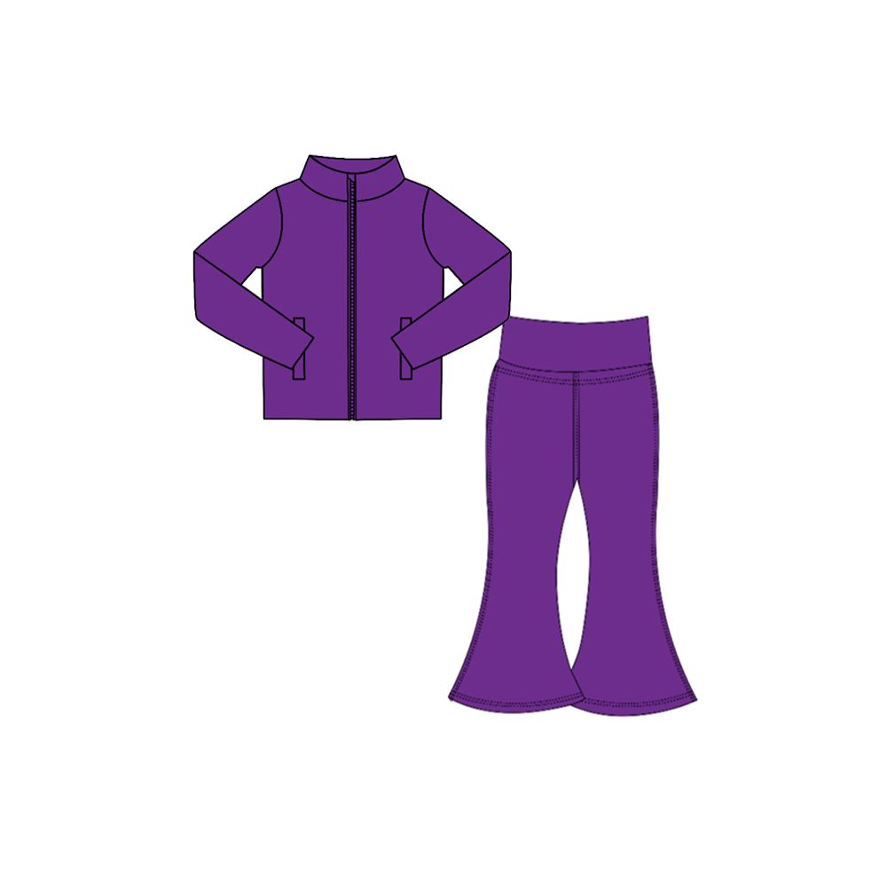 Moq 5 Preorder Baby Girls Kids Pockets Zipper Purple Cardigan Tops Pants Set Yoga Active Clothes