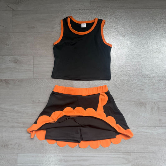 No moq Preorder Baby Girls Kids Black Shirt Orange Scallop Skirt Shorts Yoga Active Set Clothes