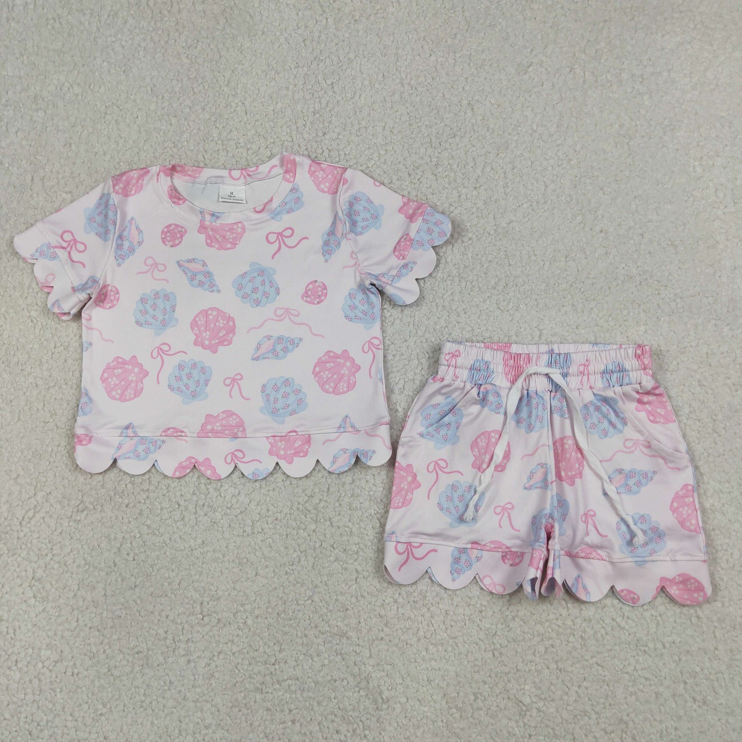 Baby Girls Kids Short Sleeves Shell Bows Shirt Scallop Shorts Set Clothes